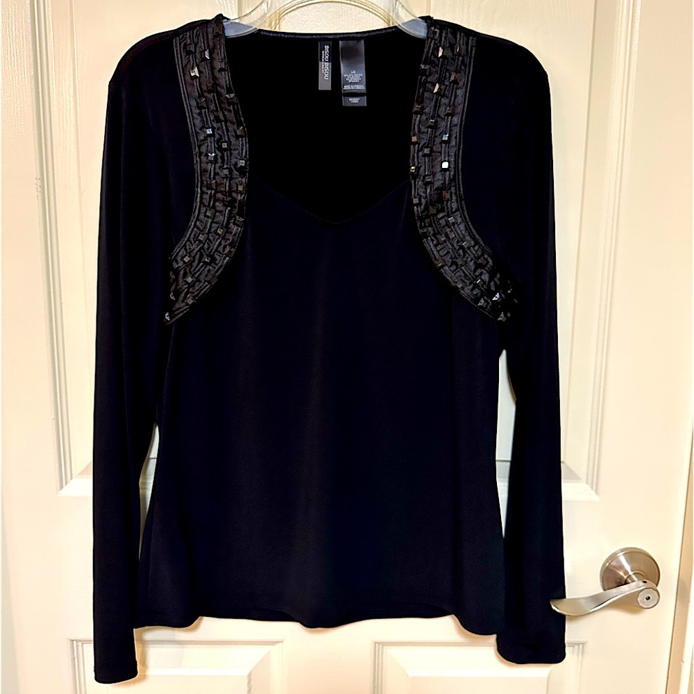 Bisou Bisou Black Long Sleeve Dressy Blouse with Gem Detail Size L